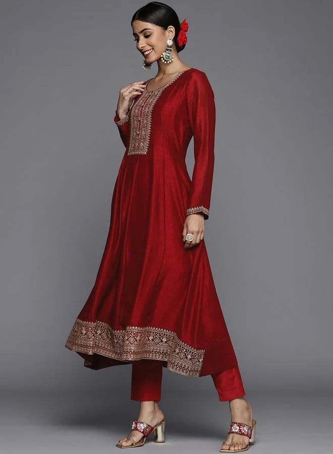 Libas Maroon Embroidered Silk Blend Anarkali Kurta, Churidar and Dupatta Set