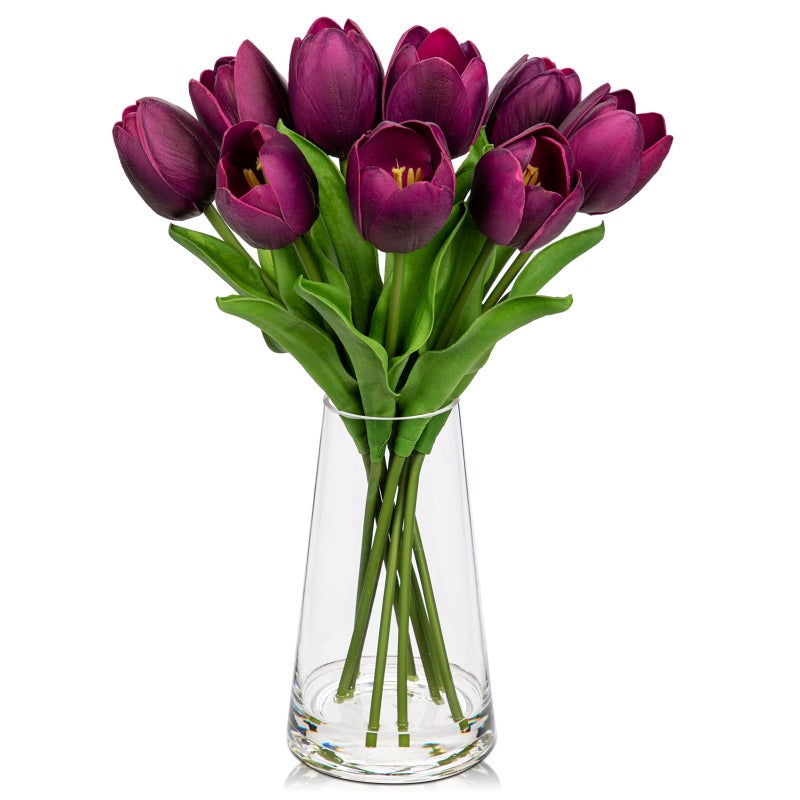 Arborus Fake Tulips Artificial Tulip Flowers in Glass Vase with Faux Water, 14.2" Real Touch Purple Tulip Flowers DÃ©cor for Table Centerpiece Home Farmhouse Resto Wedding Decoration - Image 1