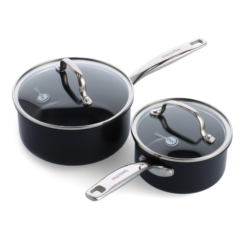 Greenpan GreenPan Prime Chatham 1QT  2QT Saucepan Pot Set with Glass Lids Hard Anodized Diamond Infused Ceramic Nonstick PFASFree Dishwasher Safe Oven Safe Multipurpose Chefs Pan StayCool HandleBlack 