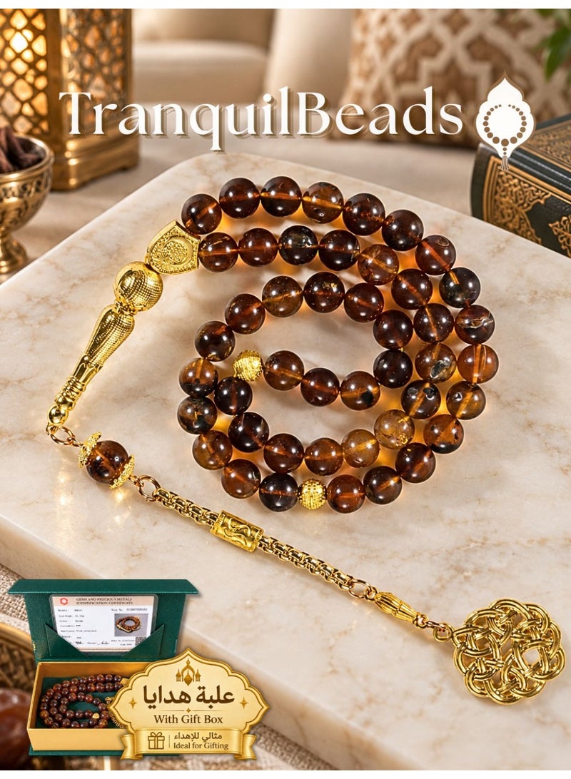TranquilBeads Amber Tasbih 45 Beads Misbaha Prayer Beads with Certificate and Gift Box, Natural Amber Tasbih for Men Father Husband, Ramadan Eid Birthday Gift - Image 1