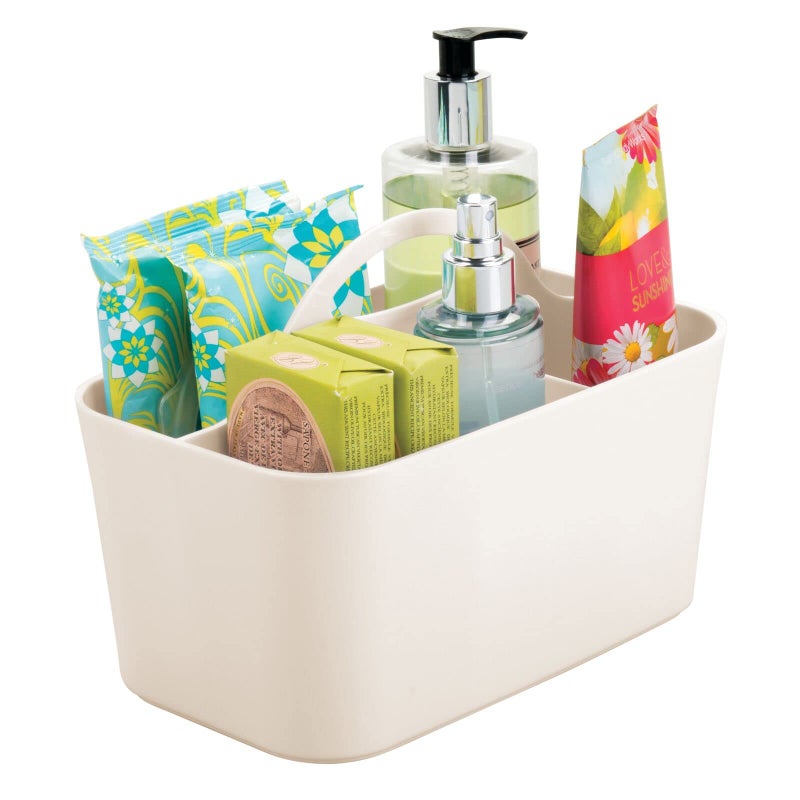 mDesign Small Plastic Shower/Bath Storage Organizer Caddy Tote with Handle for Dorm  Shelf  Cabinet - Hold Soap  Shampoo  Conditioner  Combs  Brushes  Lumiere Collection  Cream/Beige