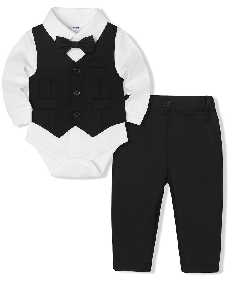 Juivesia Baby Boy Clothes Suits Infant Gentleman Wedding Outfit Formal Dress Shirt Vest Bowtie Pants 4Pcs Baby Suit Sets (Black, 3-6 Months) - Image 1