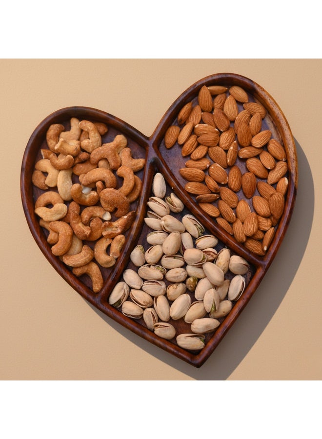 CASA HOME Heart-Shaped Wooden Divided Serving Tray – Premium Natural Wood Snack & Nut Platter for Dates, Pistachios, Almonds & Chocolates – Elegant Home & Gift Tableware - Image 1