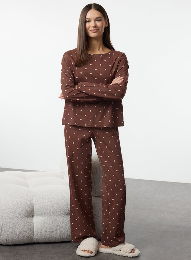 trendyol Brown 100% Cotton Polka Dot and Heart Patterned Knitted Pajama Set THMAW25PT00039 - Image 2