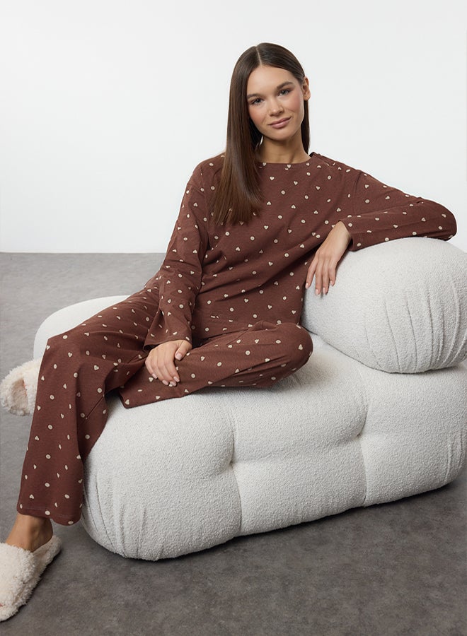 trendyol Brown 100% Cotton Polka Dot and Heart Patterned Knitted Pajama Set THMAW25PT00039 - Image 1