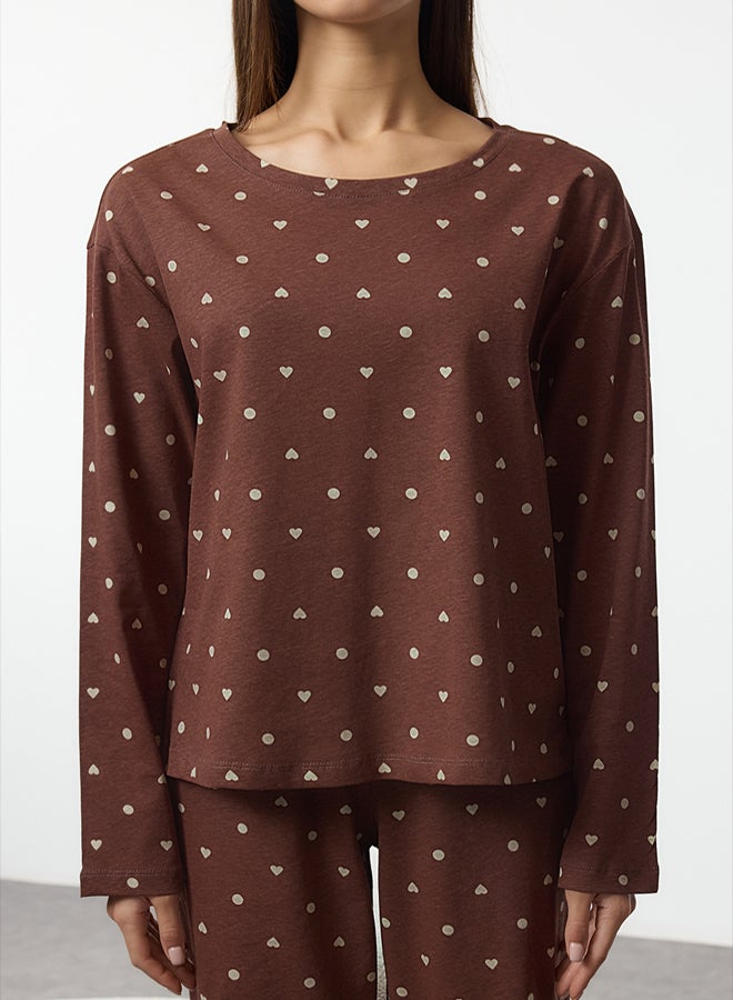 trendyol Brown 100% Cotton Polka Dot and Heart Patterned Knitted Pajama Set THMAW25PT00039 - Image 3
