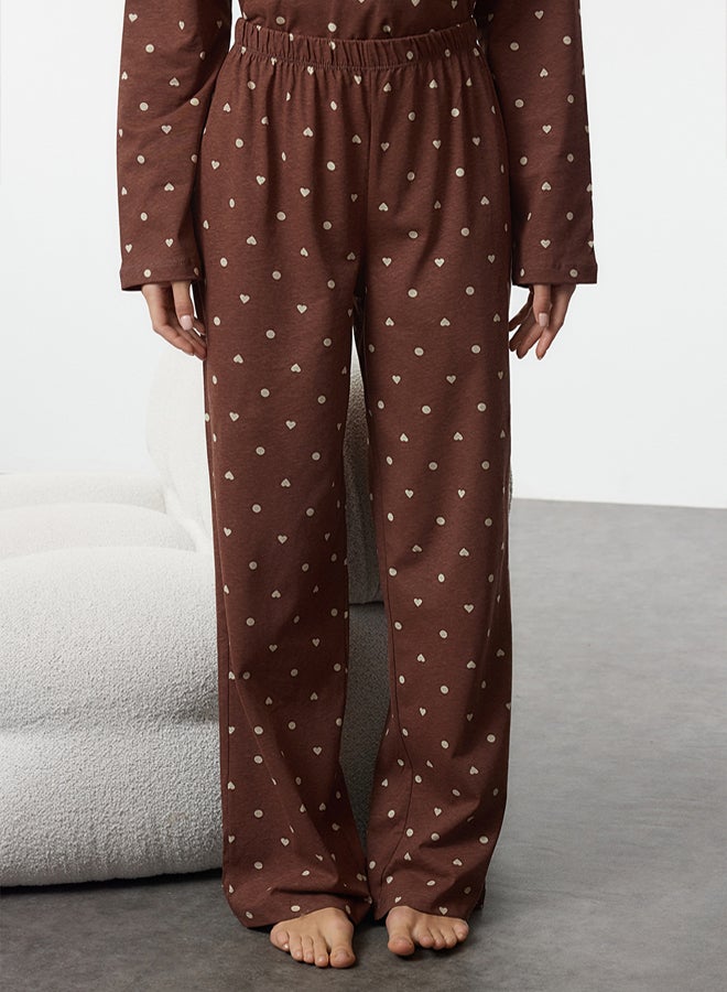 trendyol Brown 100% Cotton Polka Dot and Heart Patterned Knitted Pajama Set THMAW25PT00039 - Image 4