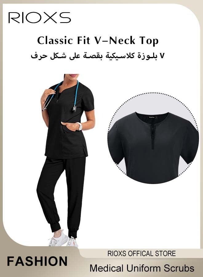 RIOXS Unisex Medical Uniform Scrubs, Women And Men Scrubs Set, Professionals Medical Scrubs Short Sleeve Top And Pants For Workwear, Soft Stretch V-Neck Top And Trousers, Black V-neck Medical Uniform, Hospital Nurse Scrubs Set, Dentist Clinic Uniform Unisex, Pharmacy Technician Workwear - Image 3