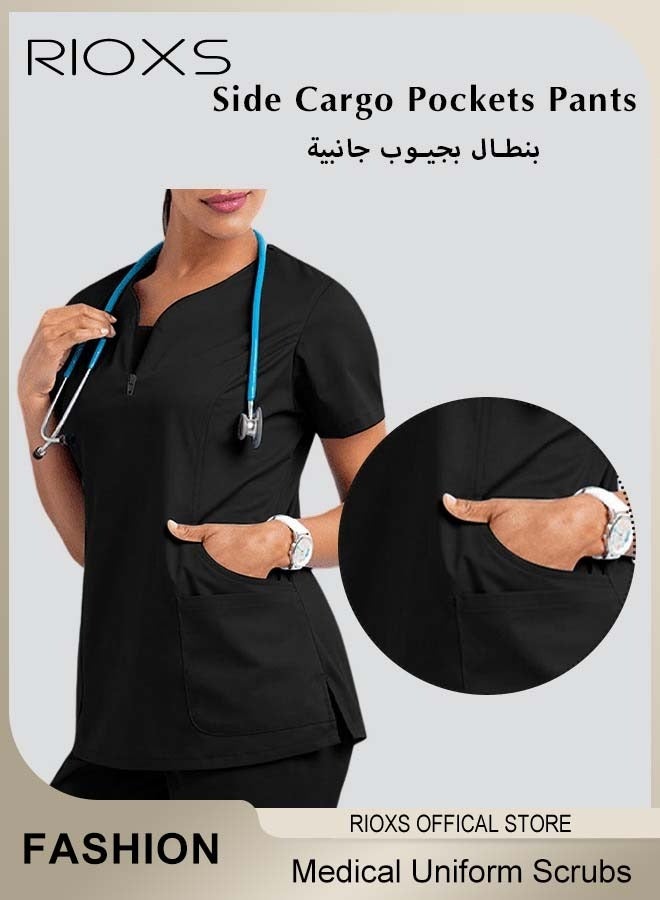 RIOXS Unisex Medical Uniform Scrubs, Women And Men Scrubs Set, Professionals Medical Scrubs Short Sleeve Top And Pants For Workwear, Soft Stretch V-Neck Top And Trousers, Black V-neck Medical Uniform, Hospital Nurse Scrubs Set, Dentist Clinic Uniform Unisex, Pharmacy Technician Workwear - Image 4