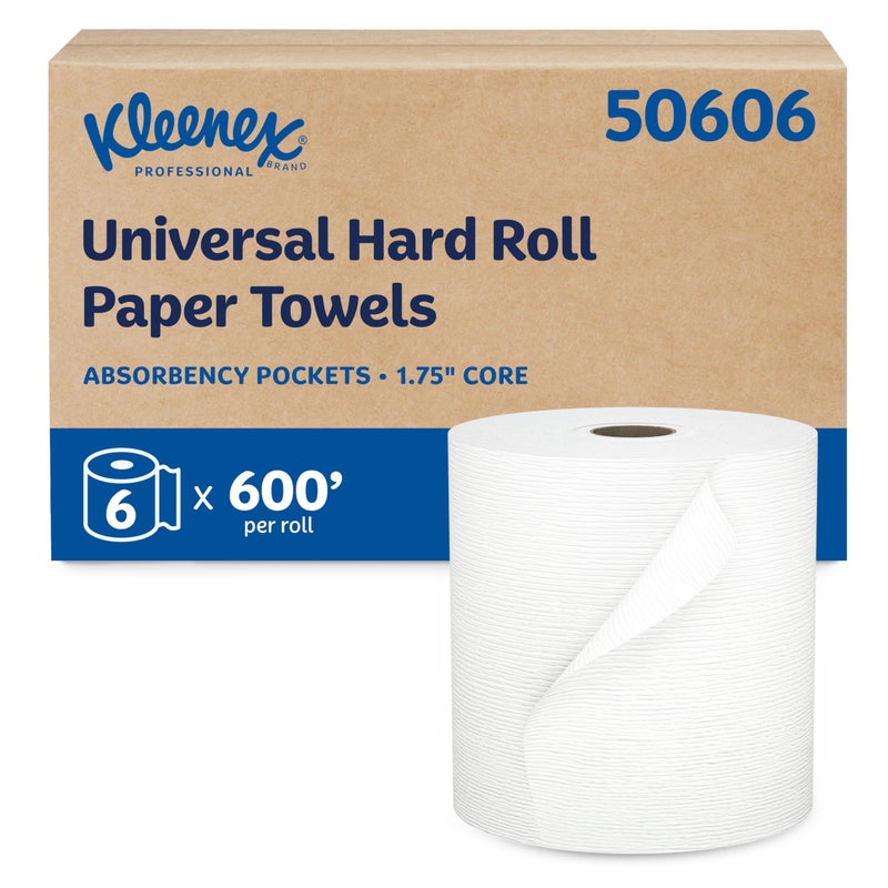 Kleenex Professional Universal Hard Roll Paper Towels, Bulk (50606), Hardwound 1.75" Core, Premium Absorbency Pockets, White (6 Rolls at 600' Each, 3,600'/Case) - Image 1