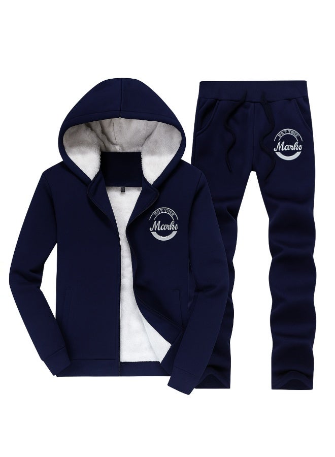 Outer Wear Set for Men Padded Fur Inside - Embroidery - Dark Blue