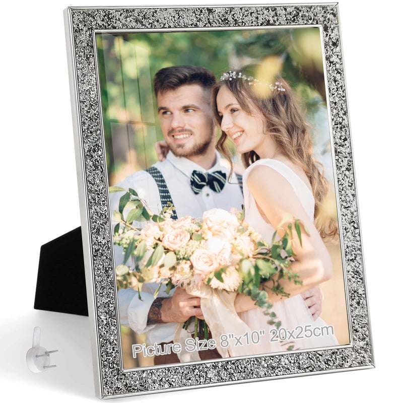 HIKWADERY 8x10 Picture Frame Glitter Silver Bling 8 by 10 Photo Frames with HD Real Glass for Wall or Tabletop Display Family Friends Wedding Mothers Day Gift 8 x 10 Silver