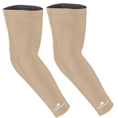 CompressionZ أكمام ضغط CompressionZ للذراعين للرجال والنساء | حماية من الشمس UV وتخفيف آلام الكوع لجميع الرياضات والتعافي - لون نود - زوج كبير - Image 1