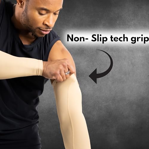 CompressionZ أكمام ضغط CompressionZ للذراعين للرجال والنساء | حماية من الشمس UV وتخفيف آلام الكوع لجميع الرياضات والتعافي - لون نود - زوج كبير - Image 2