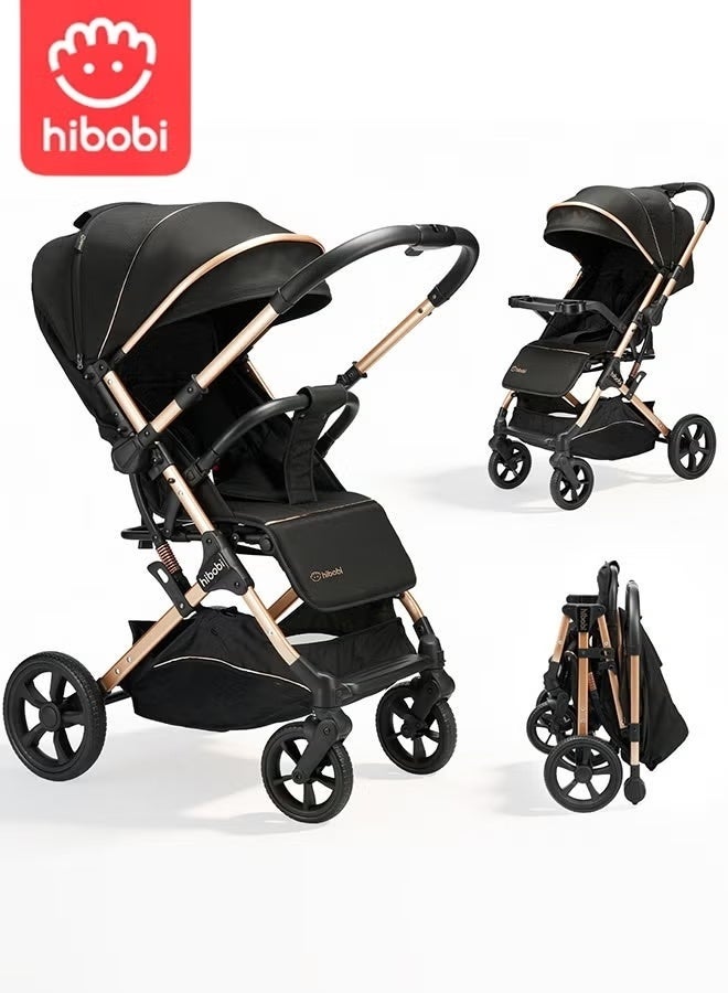 hibobi 3-in-1 Lightweight Premium Baby Stroller, Reversible Seat, One-Click Fold, All-Terrain Wheels, Sun Protection Canopy, Compact Travel Carriage for Newborns & Toddlers 0–3 Years, Up to 25kg, Black & Gold - Image 1