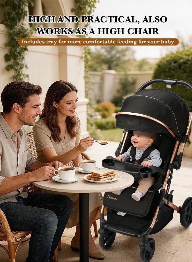 hibobi 3-in-1 Lightweight Premium Baby Stroller, Reversible Seat, One-Click Fold, All-Terrain Wheels, Sun Protection Canopy, Compact Travel Carriage for Newborns & Toddlers 0–3 Years, Up to 25kg, Black & Gold - Image 3