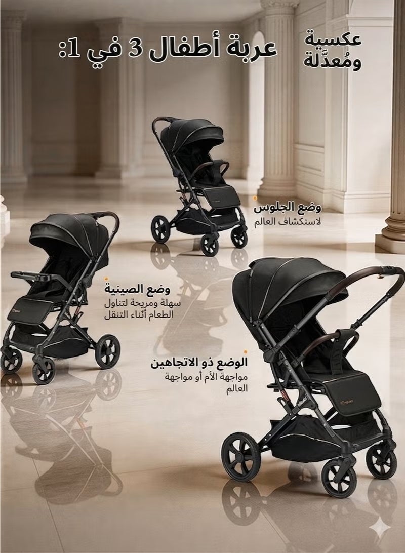 hibobi 3-in-1 Lightweight Premium Baby Stroller, Reversible Seat, One-Click Fold, All-Terrain Wheels, Sun Protection Canopy, Compact Travel Carriage for Newborns & Toddlers 0–3 Years, Up to 25kg, Black & Gold - Image 2
