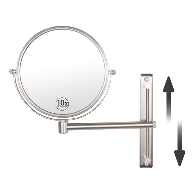 8 INCH DOUBLESIDE WALL MOUNTED MIRROR MAGNIFIED 10X MAKEUP AND SHAVING MIRROR REGULAR VIEW AND 10X MAGNIFICATION HIGH ADJUSTABLE NICKEL