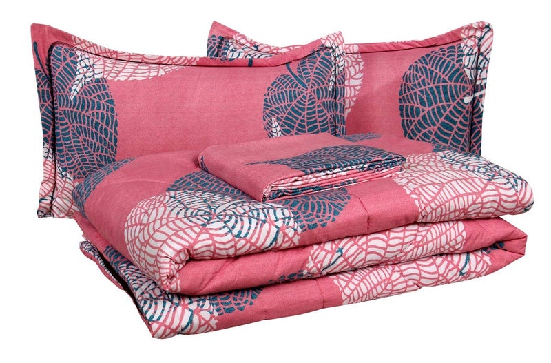 VAS COLLECTIONS 350TC Glace Floral Cotton AC Comforter Set King Size Double Bed with 1 Flat bedsheet & Two King Pillow Covers, 4 Pieces Bedding Set (90x90 inch, Pink & Light Green) - Image 1