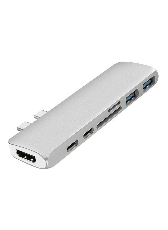 NIBEMINENT 7-In-1 USB-C Hub Dual Type-C HDMI 2 x USB 3.0 TF Card Reader Adapter Silver - Image 1