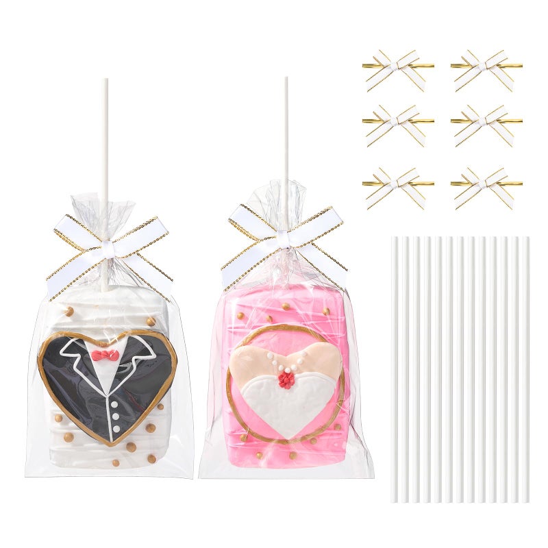JCXGRVC 50pcs 4x6Inches Clear Rice Krispie Treat Bags with Sticks and Ties Bows Rice Kit Cakesicle Bags Individually Wrapped Packaging for Marshmallow Mcaron Pop Candy Apple Cookies Cake Ore Pop - Image 1