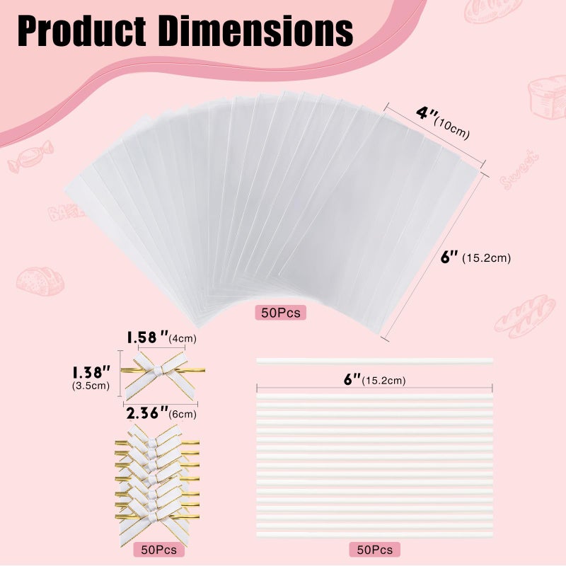 JCXGRVC 50pcs 4x6Inches Clear Rice Krispie Treat Bags with Sticks and Ties Bows Rice Kit Cakesicle Bags Individually Wrapped Packaging for Marshmallow Mcaron Pop Candy Apple Cookies Cake Ore Pop - Image 2