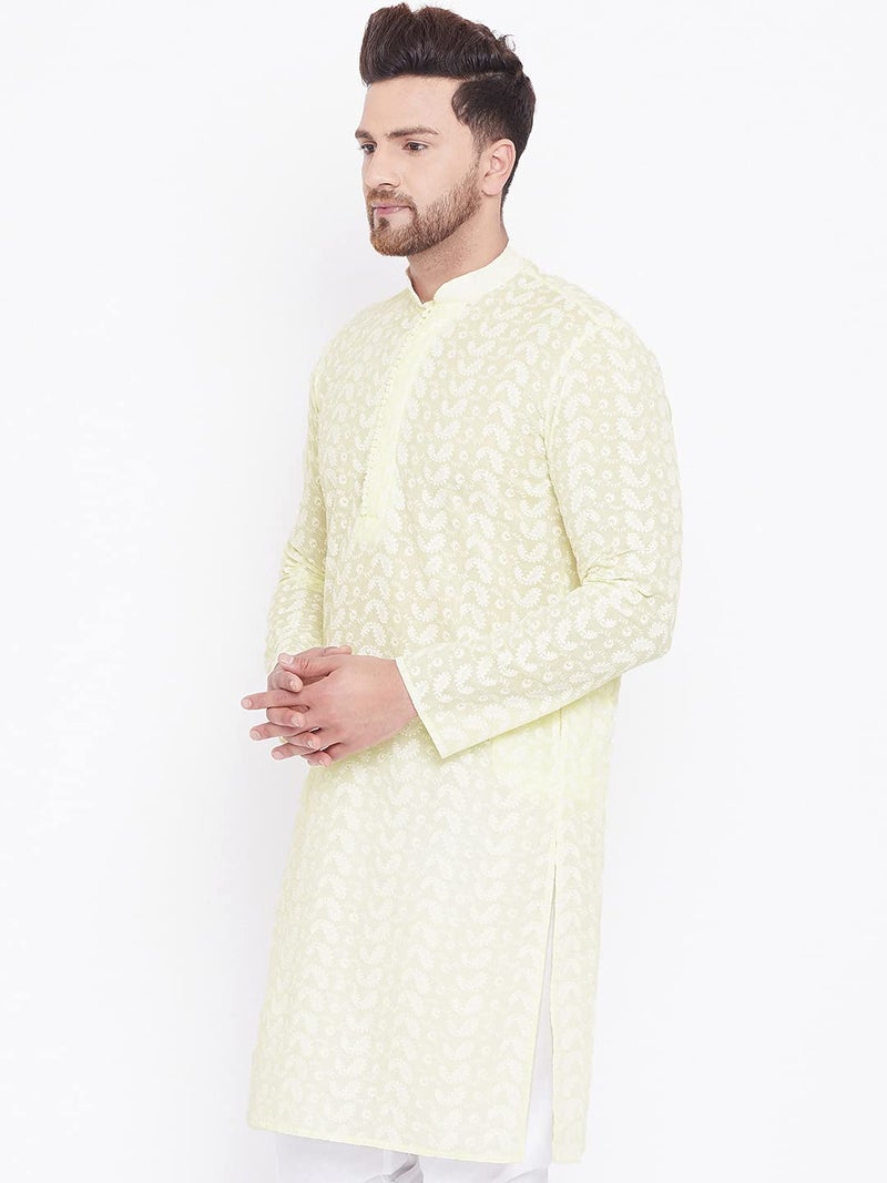 VASTRAMAY Mens Cotton Yellow and White Kurta - Elegance for Festivals & Events_VASMK094YW_40 - Image 2