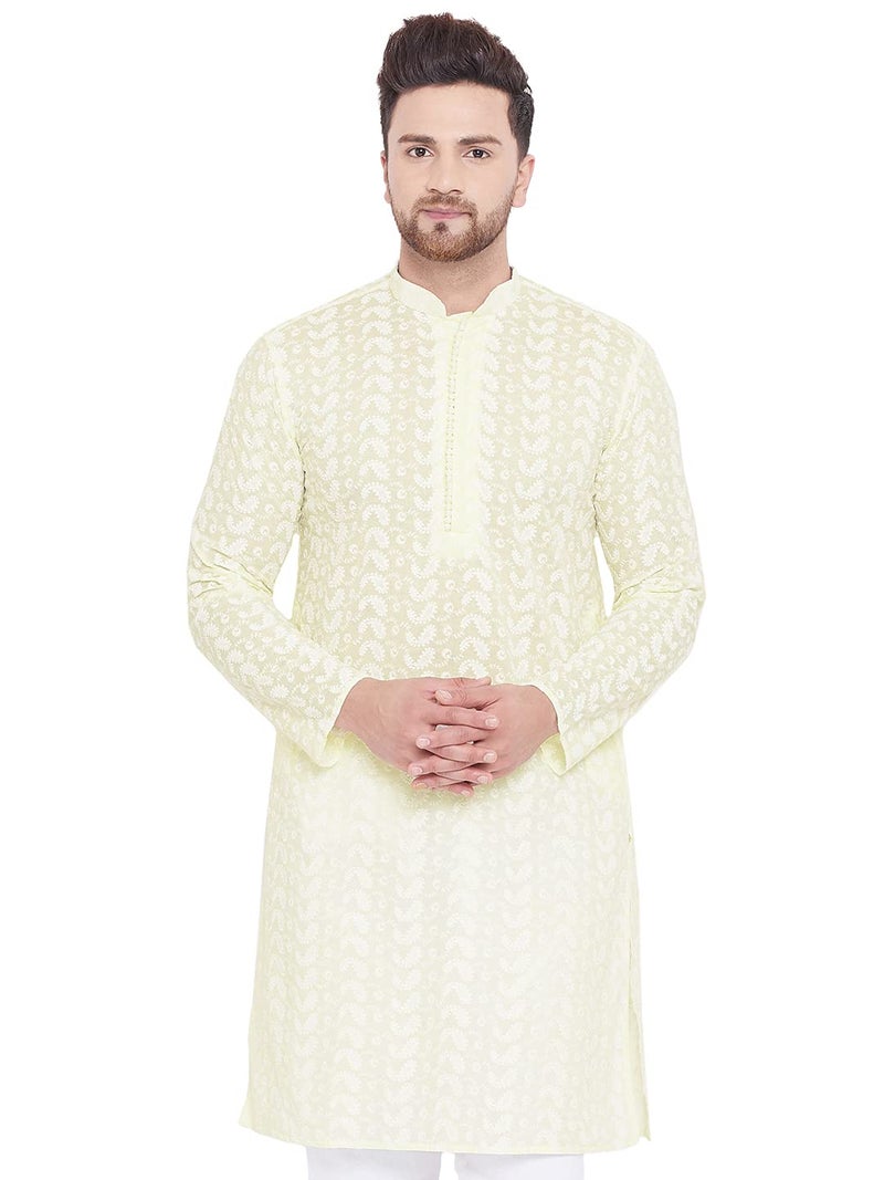VASTRAMAY Mens Cotton Yellow and White Kurta - Elegance for Festivals & Events_VASMK094YW_40 - Image 1