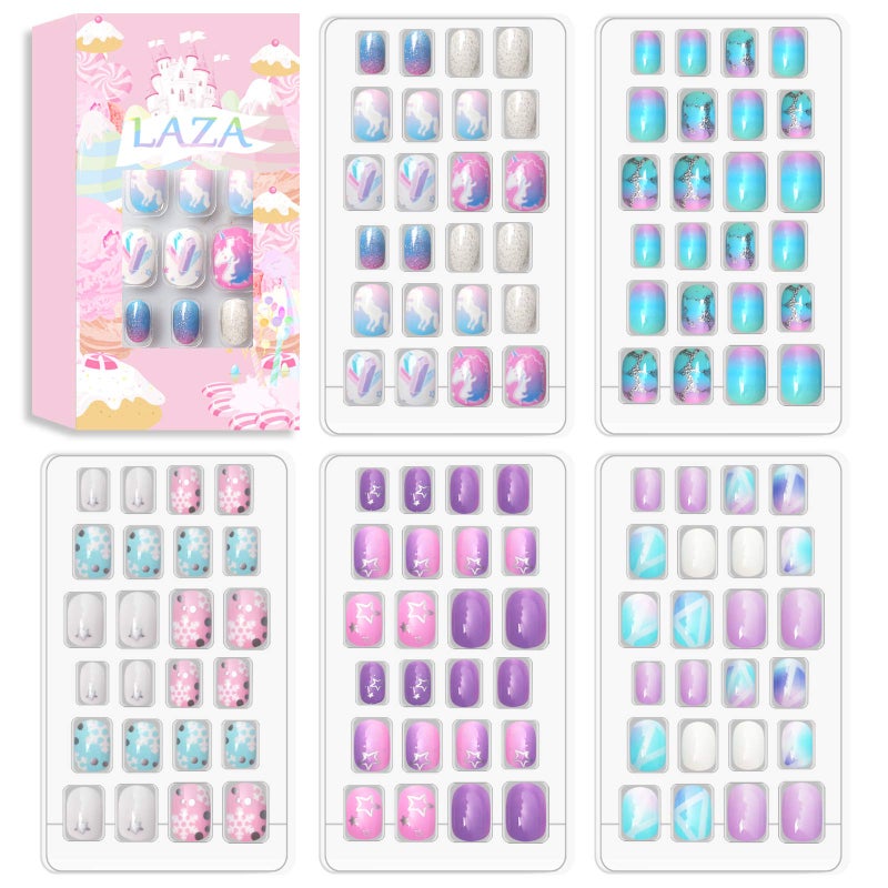 Laza 120pcs Children Nails Press On Preglue Full Cover Nail Tips Kit Glitter Gradient Color Rainbow Short Artificial False Nail Kits Lovely Christmas Gift for Children Kids Girls  Silver Pearl
