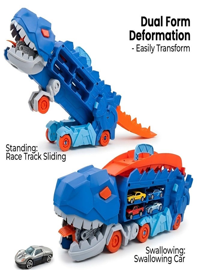 WireScorts Dinosaur Planet Dino Transporter Truck Toy with Track - Push & Go Dinosaur Car Carrier with 2 Die-Cast Cars, Deformation into Race Track - Toddler Toy Gift for Boys Ages 3-6 - Image 3