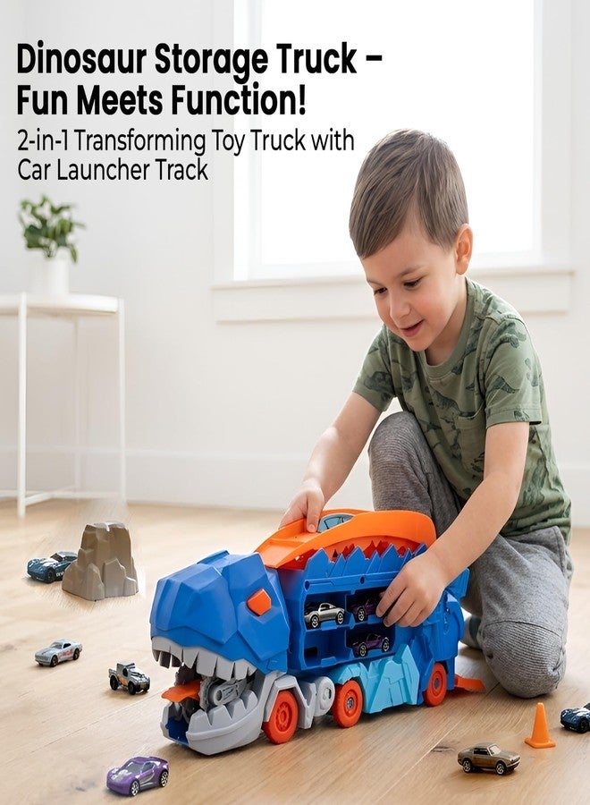 WireScorts Dinosaur Planet Dino Transporter Truck Toy with Track - Push & Go Dinosaur Car Carrier with 2 Die-Cast Cars, Deformation into Race Track - Toddler Toy Gift for Boys Ages 3-6 - Image 2