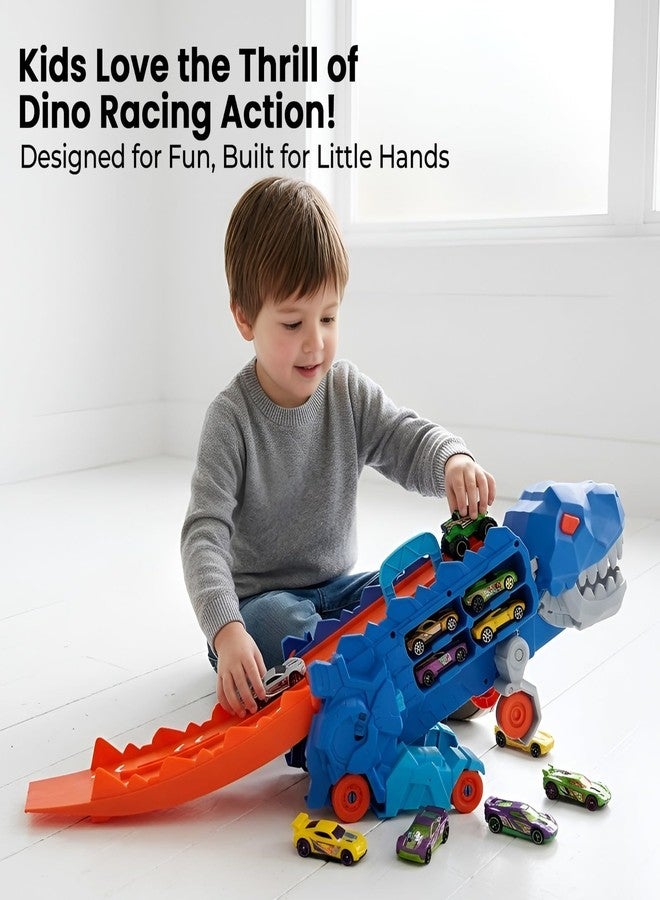 WireScorts Dinosaur Planet Dino Transporter Truck Toy with Track - Push & Go Dinosaur Car Carrier with 2 Die-Cast Cars, Deformation into Race Track - Toddler Toy Gift for Boys Ages 3-6 - Image 4