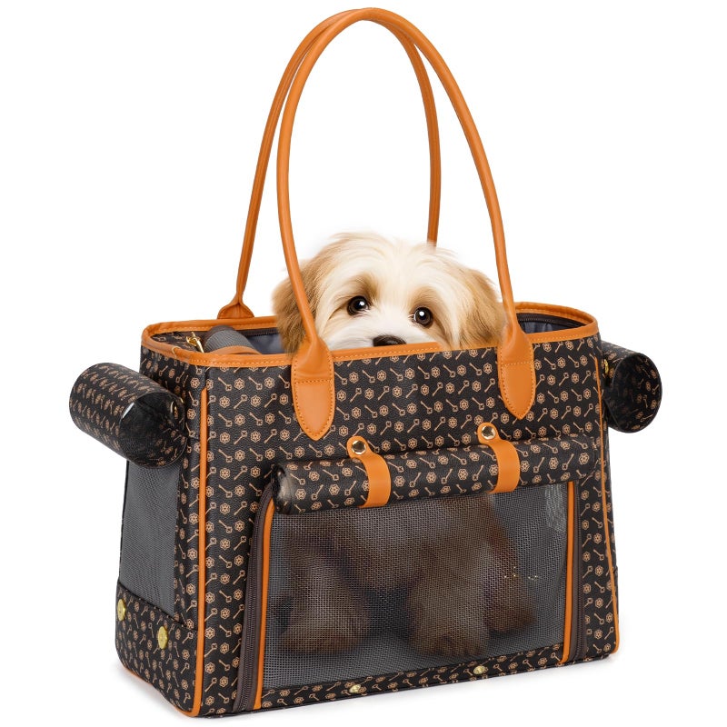 Minsong Fashion Pet Carrier Purse for Small Cat and Dog, Luxury Pu Soft-Sided Tote Bag with Large Pockets for Dogs and Puppies (Coffee, 15.8" L x 7.5" W x 11.8" H) - Image 1