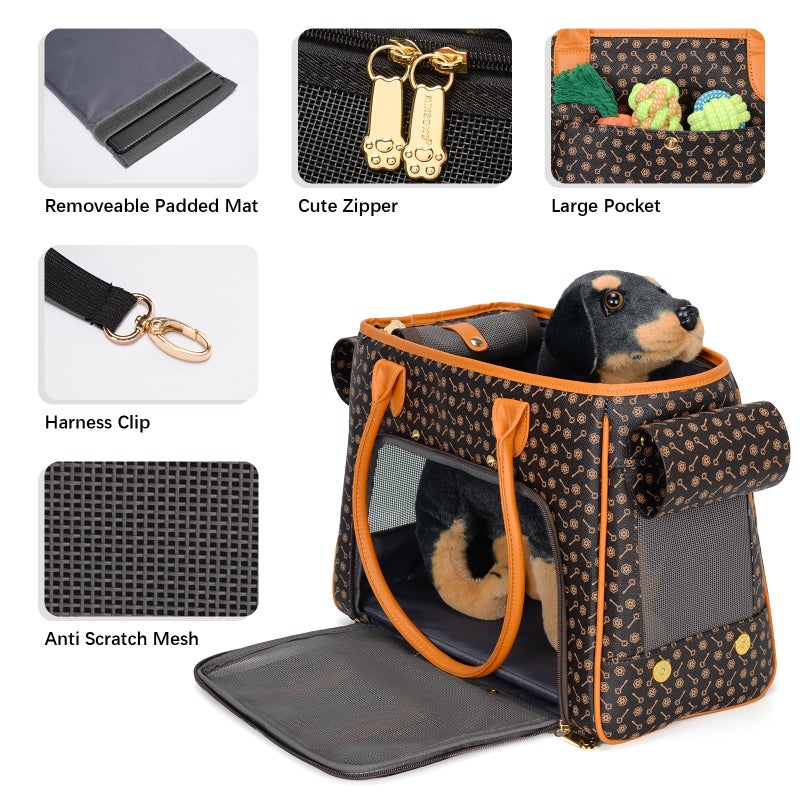 Minsong Fashion Pet Carrier Purse for Small Cat and Dog, Luxury Pu Soft-Sided Tote Bag with Large Pockets for Dogs and Puppies (Coffee, 15.8" L x 7.5" W x 11.8" H) - Image 3