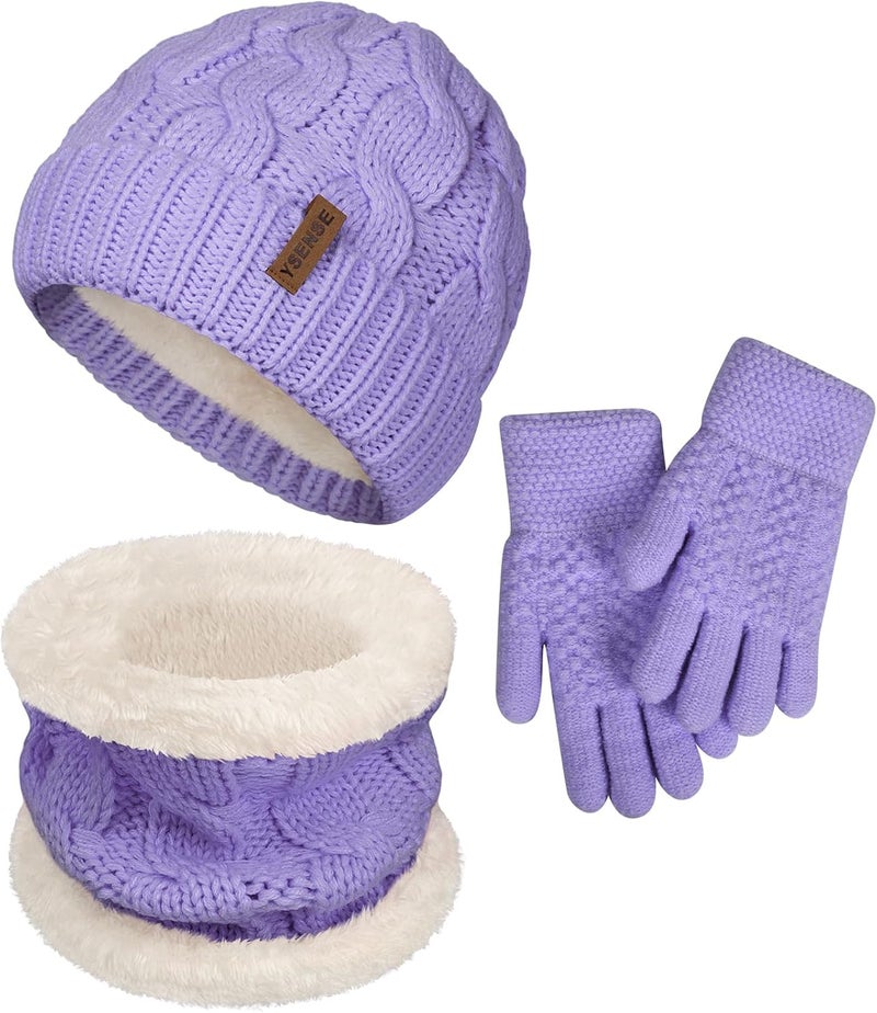 YSense 3 Pcs Kids Winter Beanie Hat Scarf Gloves Set Thick Knit Warm Fleece Fuzzy Lined Beanie Caps Mittens for Boys Girls - Image 1