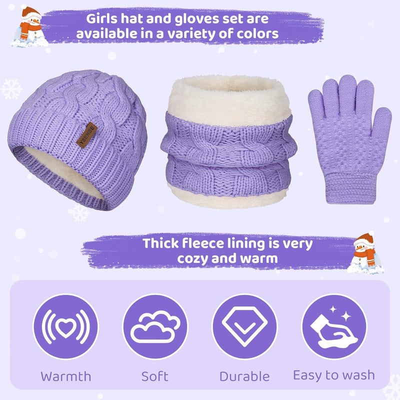YSense 3 Pcs Kids Winter Beanie Hat Scarf Gloves Set Thick Knit Warm Fleece Fuzzy Lined Beanie Caps Mittens for Boys Girls - Image 4