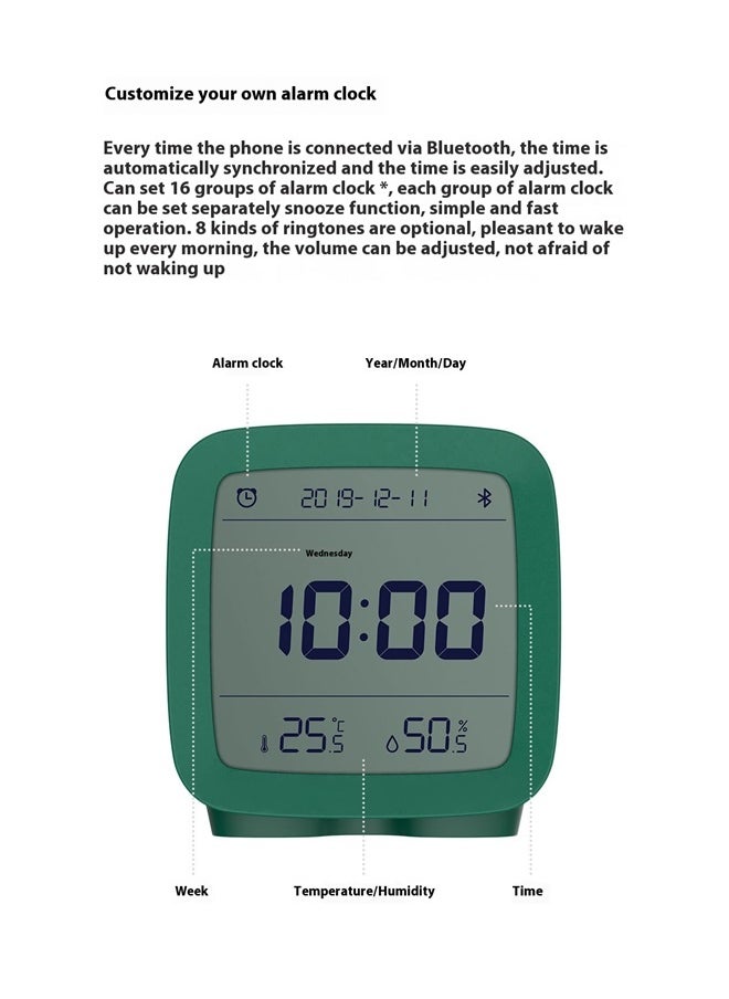yongsheng LCD Screen Adjustable Nightlight Alarm Clock Green 80.3x41x83mm，Smart Bluetooth Digital Alarm Clock with Multiple Alarms, Battery Operated Small Alarm Clock with Temperature and Humidity Display for Bedroom, Easy Settings Through app  - Image 2