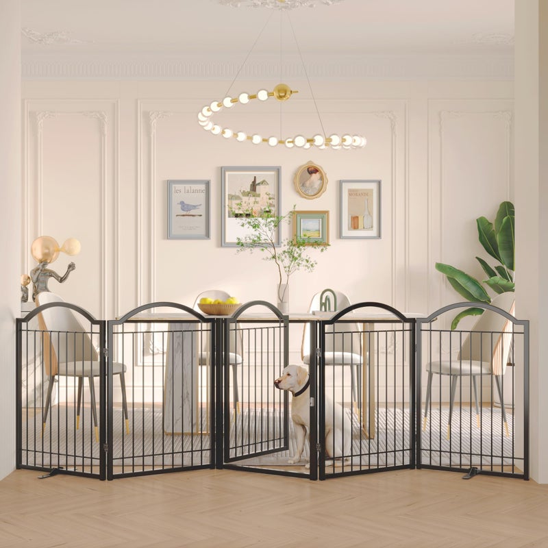 BHG Metal No-Assembly Freestanding Dog Gate with Door Walk Through, Extra Wide 120", Extra Tall 32" Pet Gate, Accordion Puppy Folding Playpen Dog Fence, with 2PCS Support (Black, 5 Panels) - Image 1