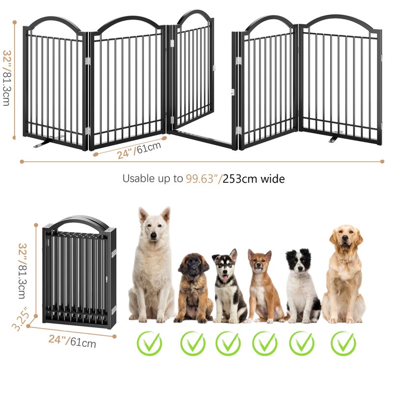 BHG Metal No-Assembly Freestanding Dog Gate with Door Walk Through, Extra Wide 120", Extra Tall 32" Pet Gate, Accordion Puppy Folding Playpen Dog Fence, with 2PCS Support (Black, 5 Panels) - Image 4