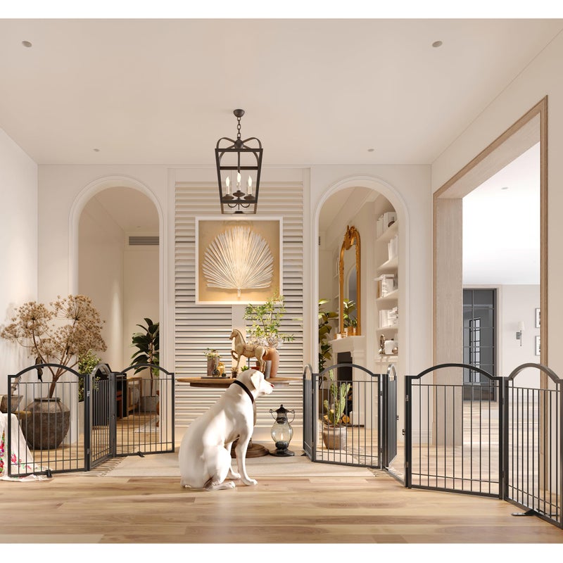 BHG Metal No-Assembly Freestanding Dog Gate with Door Walk Through, Extra Wide 120", Extra Tall 32" Pet Gate, Accordion Puppy Folding Playpen Dog Fence, with 2PCS Support (Black, 5 Panels) - Image 2