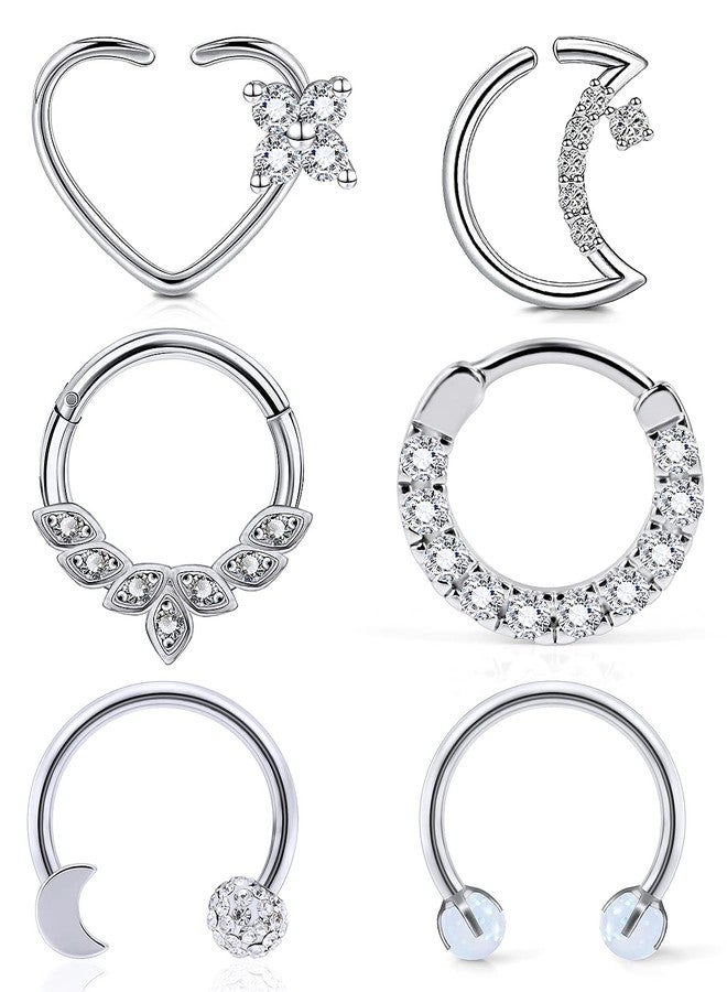 Ftovosyo Left Ear Daith Earrings 16G Heart Moon Daith Piercing Jewelry for Women Stainless Steel Cartilage Forward Helix Tragus Piercing Jewelry Plated CZ Hinged Septum Clicker Rings - Image 1