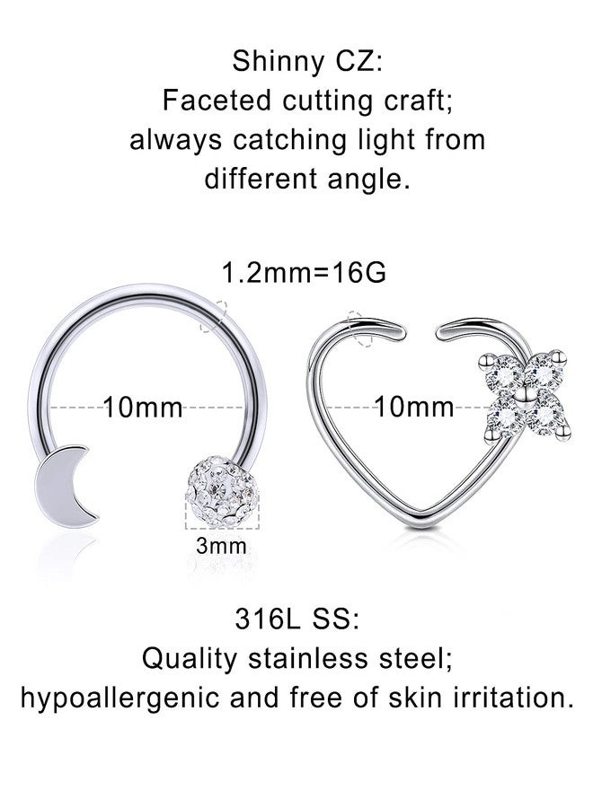 Ftovosyo Left Ear Daith Earrings 16G Heart Moon Daith Piercing Jewelry for Women Stainless Steel Cartilage Forward Helix Tragus Piercing Jewelry Plated CZ Hinged Septum Clicker Rings - Image 2