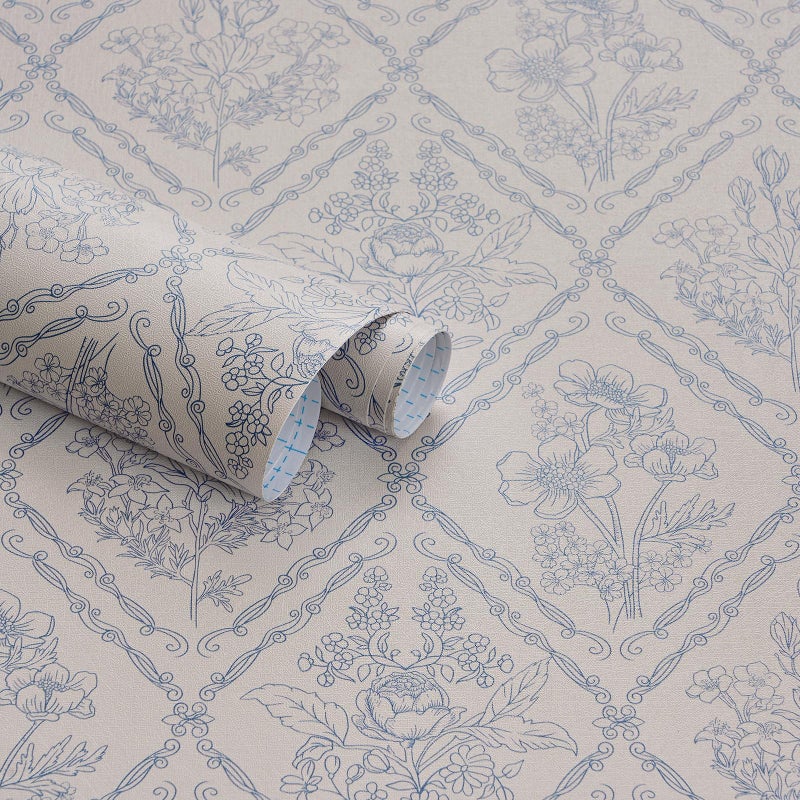 Kitico Peel and Stick Wallpaper Vintage Boho Wallpaper Blue and Beige Contact Paper Floral Removable Waterproof Wall Paper for Bathroom/Bedroom Self Adhesive for Cabinets Vinyl 17.3''x118.1'' - Image 1