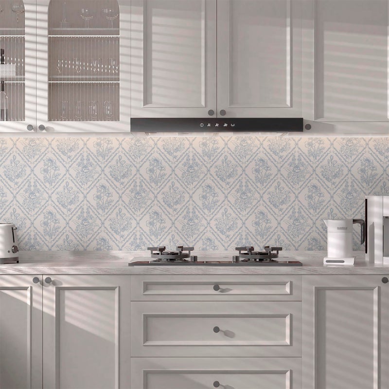 Kitico Peel and Stick Wallpaper Vintage Boho Wallpaper Blue and Beige Contact Paper Floral Removable Waterproof Wall Paper for Bathroom/Bedroom Self Adhesive for Cabinets Vinyl 17.3''x118.1'' - Image 2