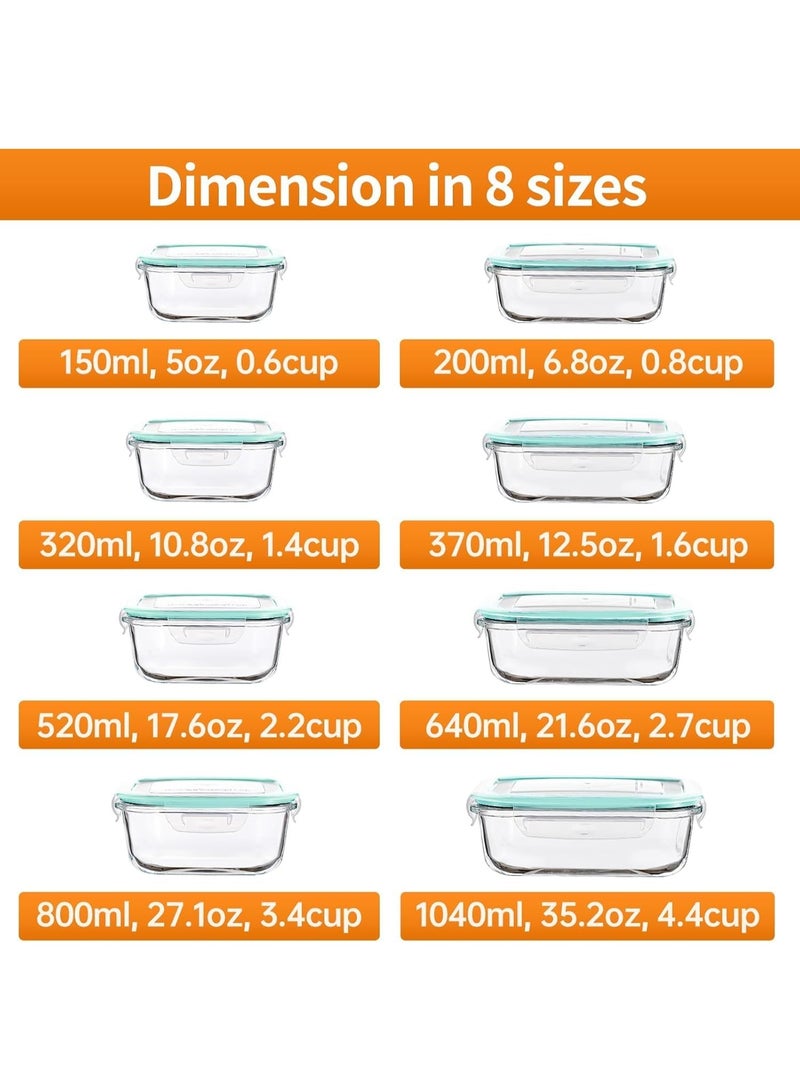 تايكوم عبوات زجاجية لتحضير الوجبات، عبوة من 8 عبوات زجاجية متنوعة لتخزين الطعام مع أغطية، صندوق غداء زجاجي للتحكم في الحصص، صندوق بينتو زجاجي محكم الإغلاق، عبوات غداء 8 بنسات، أخضر - Image 2