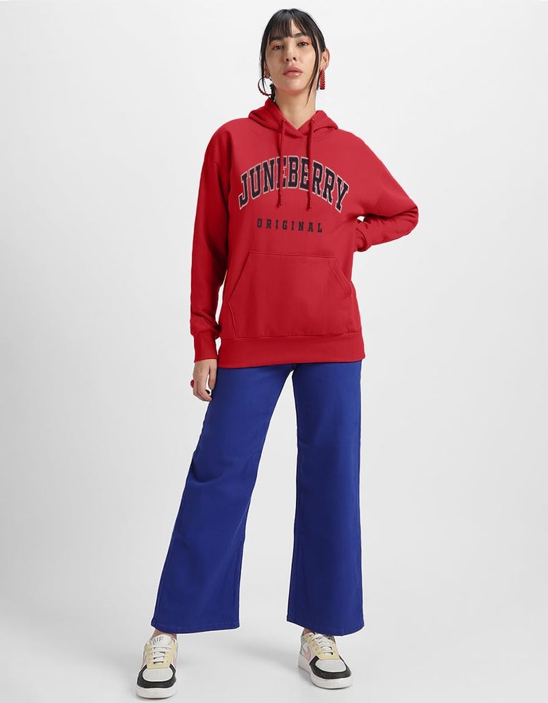 JUNEBERRY® Fleece Oversized Baggy Fit Hooded Sweatshirt Drop Shoulder Typographic Logo Printed Full Sleeve Hoodie for Women (OS_HDY_JBORGNAL_RD_3XL) Red - Image 3