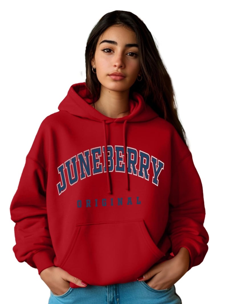 JUNEBERRY® Fleece Oversized Baggy Fit Hooded Sweatshirt Drop Shoulder Typographic Logo Printed Full Sleeve Hoodie for Women (OS_HDY_JBORGNAL_RD_3XL) Red - Image 1