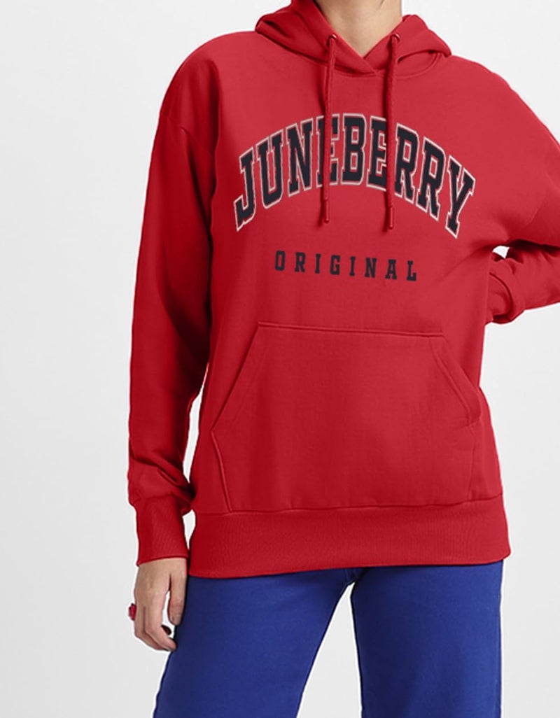 JUNEBERRY® Fleece Oversized Baggy Fit Hooded Sweatshirt Drop Shoulder Typographic Logo Printed Full Sleeve Hoodie for Women (OS_HDY_JBORGNAL_RD_3XL) Red - Image 2