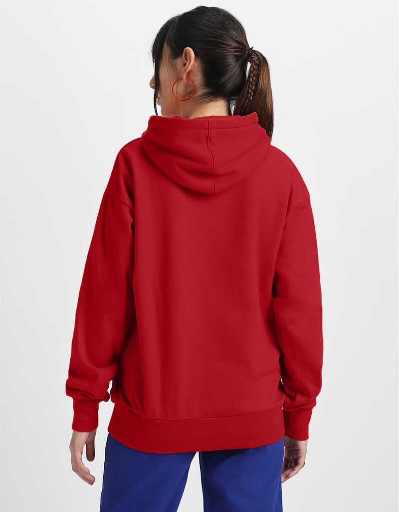 JUNEBERRY® Fleece Oversized Baggy Fit Hooded Sweatshirt Drop Shoulder Typographic Logo Printed Full Sleeve Hoodie for Women (OS_HDY_JBORGNAL_RD_3XL) Red - Image 5