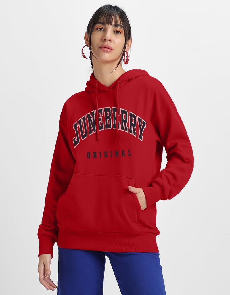 JUNEBERRY® Fleece Oversized Baggy Fit Hooded Sweatshirt Drop Shoulder Typographic Logo Printed Full Sleeve Hoodie for Women (OS_HDY_JBORGNAL_RD_3XL) Red - Image 4